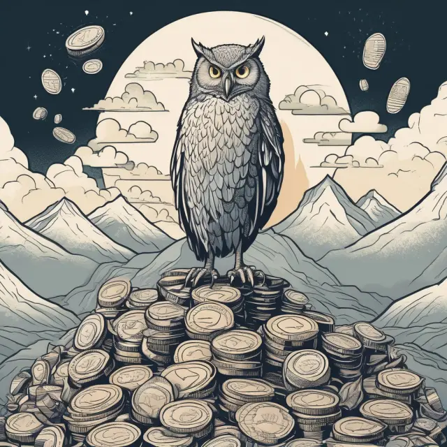 Taxpayer atop a mountain of Treasury STRIPS, consulting an owl on tax implications, U.S. dollar coins cascading as accrued interest