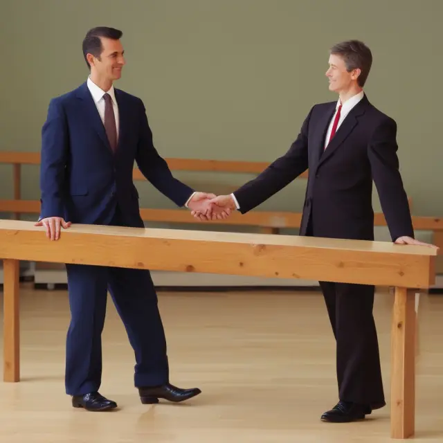 Two dancers representing ceding and reinsuring companies sharing risks on a balance beam, symbolizing treaty reinsurance.