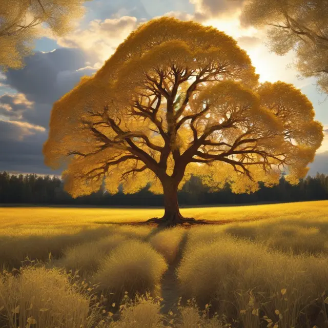A golden treefield with trees yielding dividends, representing the investment potential for institutional and professional investors in treaty reinsurance.