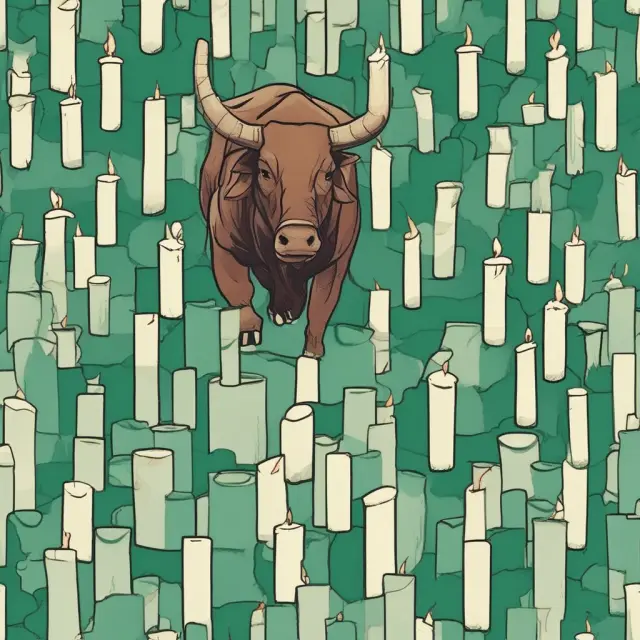 A bull climbing above rising green candlesticks in an uptrend, representing increasing asset prices