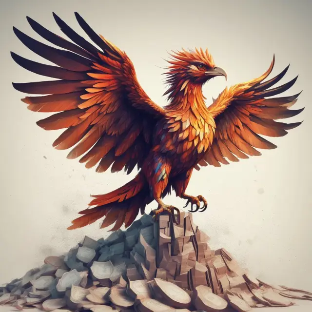 Phoenix rising from financial documents, representing trend identification via fundamental analysis