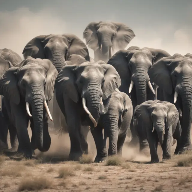 Elephants charging toward a trendline, representing the collective behavior and potential profitability of following trends in finance.