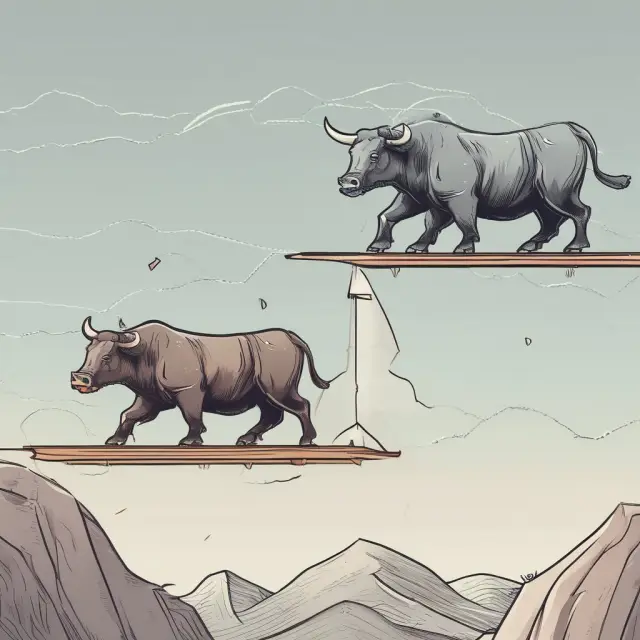 Bull and bear figures balanced on a seesaw representing upward, downward, and sideways trends in finance
