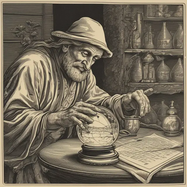 Soothsayer analyzing trend analysis indicators and chart patterns to predict future market movements