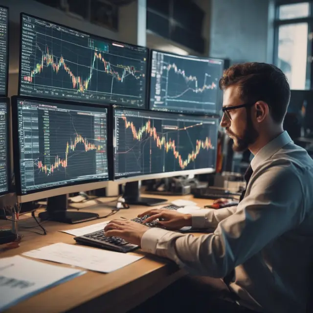 An analyst examines stock charts filled with moving averages, momentum indicators, and trendlines to identify market trends