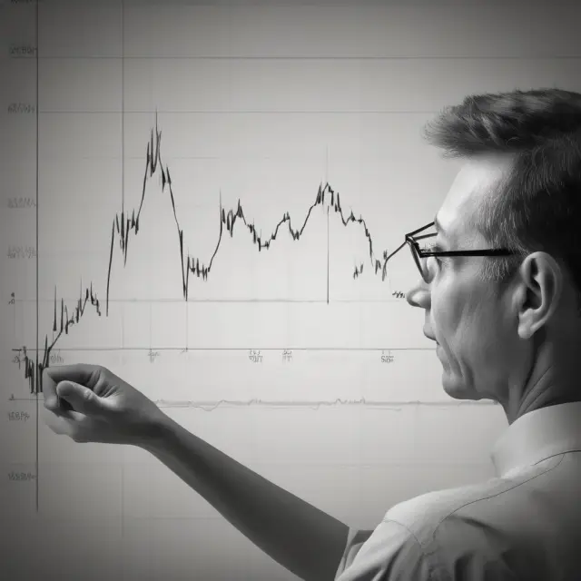 An investor studying a trend line chart with wind arrows symbolizing market sentiment and price movements