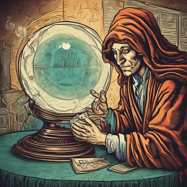 Soothsayer analyzing financial trends with a crystal ball, displaying advanced indicators and tools for insightful prediction.