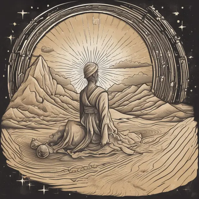 An ancient oracle draws trendlines through historical data points in the flowing sands, revealing market trends and future predictions