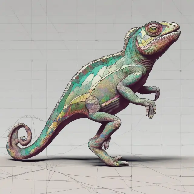 A chameleon transforming its color trendlines amidst various market graphs