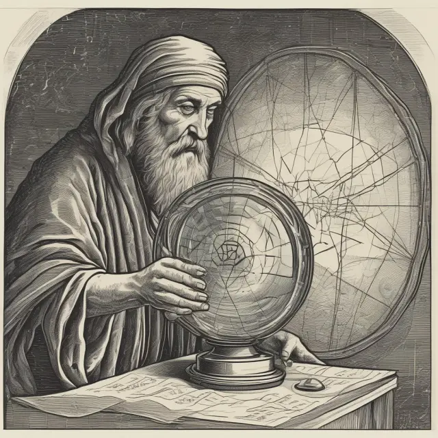 Soothsayer analyzing stock market trends using crystal ball filled with interconnected trendlines