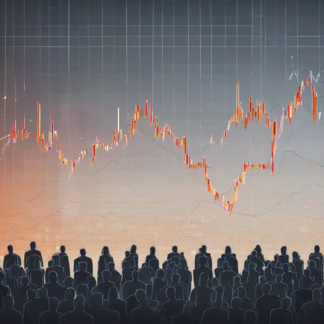 A group of technical analysts and individual investors collaborating near a stock chart, their interactions represented by interconnected trendlines