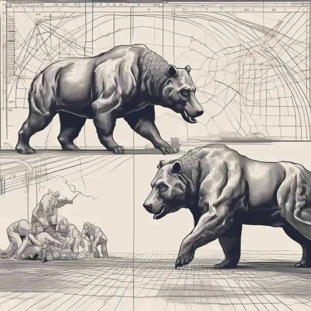 Bull and bear figures engaging in a strategic fight, with price action and technical indicators displayed as weapons to reveal underlying trends