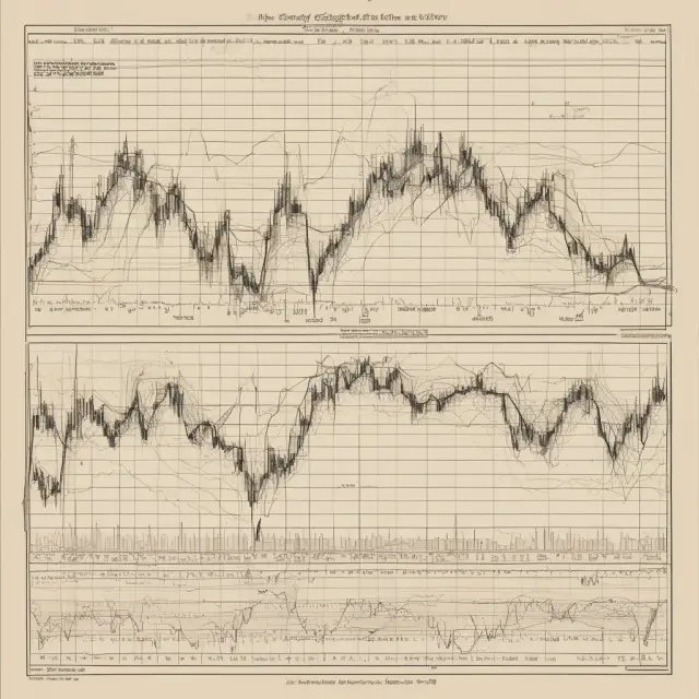 Metaphorical depiction of popular trend trading strategies: Donchian, Bollinger Bands, and Keltner Channels intertwining with Parabolic SAR in a dynamic financial sea.