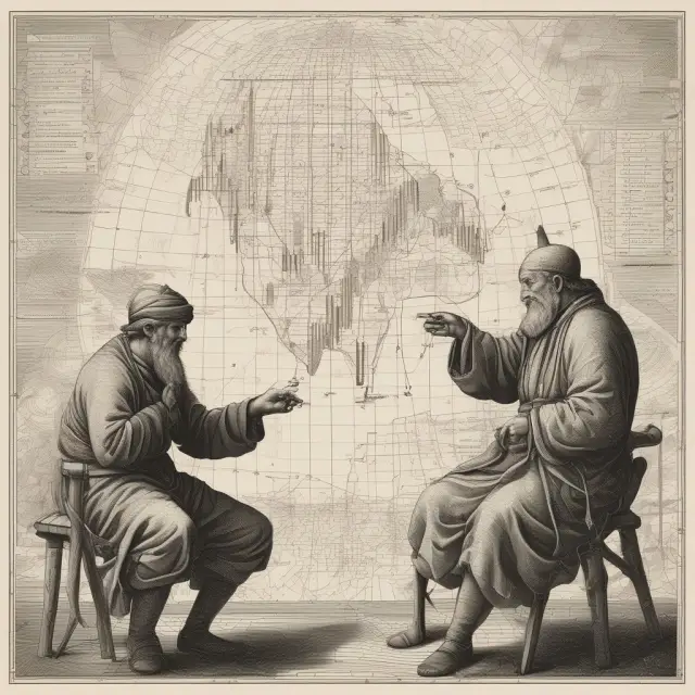 An old trader connects trendlines with common chart patterns on a financial market map, illustrating trend trading strategies