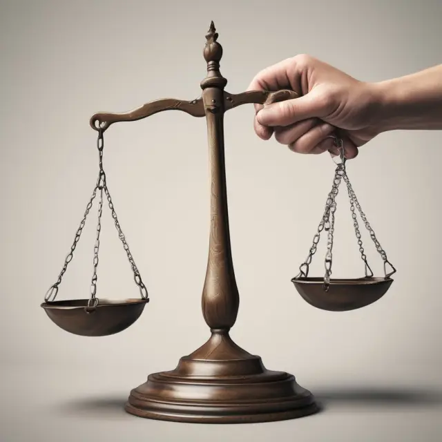 An image of a scale balanced with a hand reaching out from the 