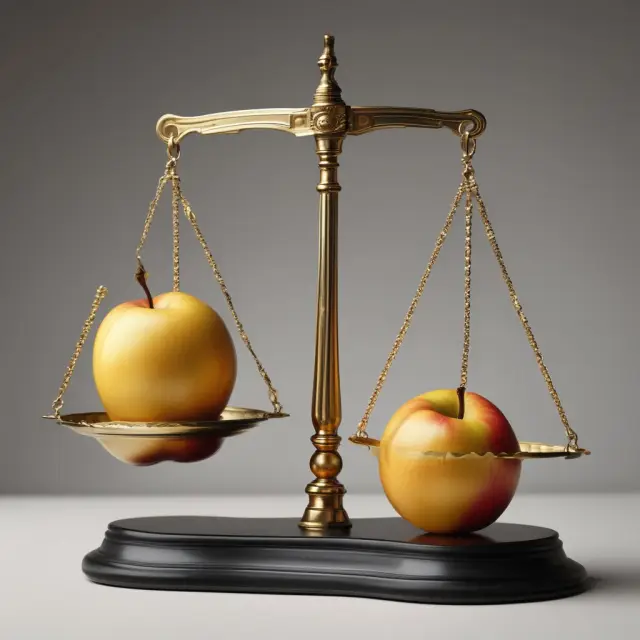 Two golden apples on a scale symbolize Treynor and Sharpe ratios being compared for optimal investment evaluation