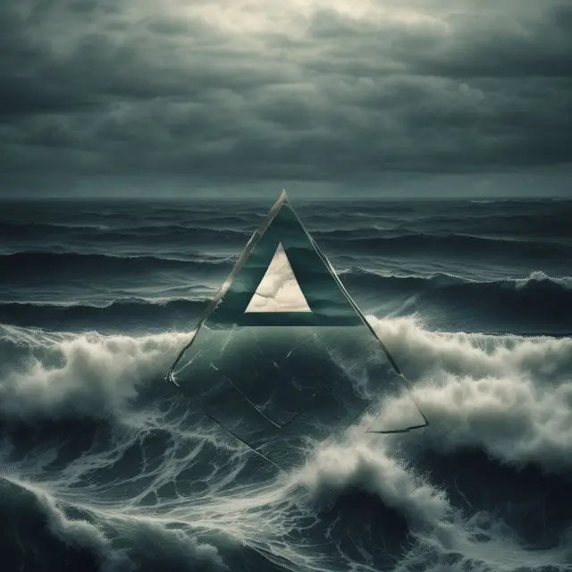 A triangle floating on a turbulent sea with waves symbolizing exchange rate fluctuations and the various risks associated with triangular arbitrage