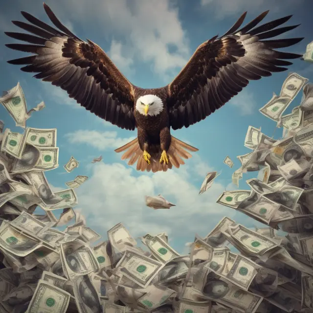 An eagle perched on a trading platform, scanning for triangular arbitrage opportunities in rapidly changing currency exchange rates.