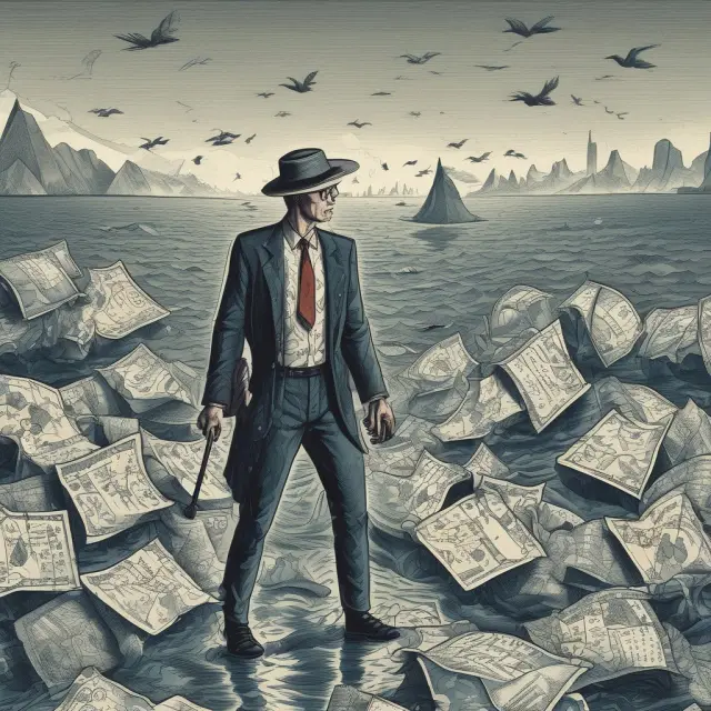 A trader bravely rowing a boat through turbulent waters, encountering multiple exchange rate charts, symbolizing the quest for profitable triangular arbitrage opportunities