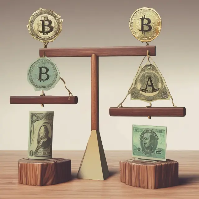 Three dancing currencies symbolizing triangular arbitrage, balancing on a beam of exchange rates