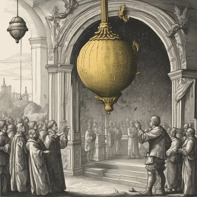 An aristocrat releases a golden acorn from his cloak, falling to the ground and into the hand of a commoner, representing the concept of trickle-down economics