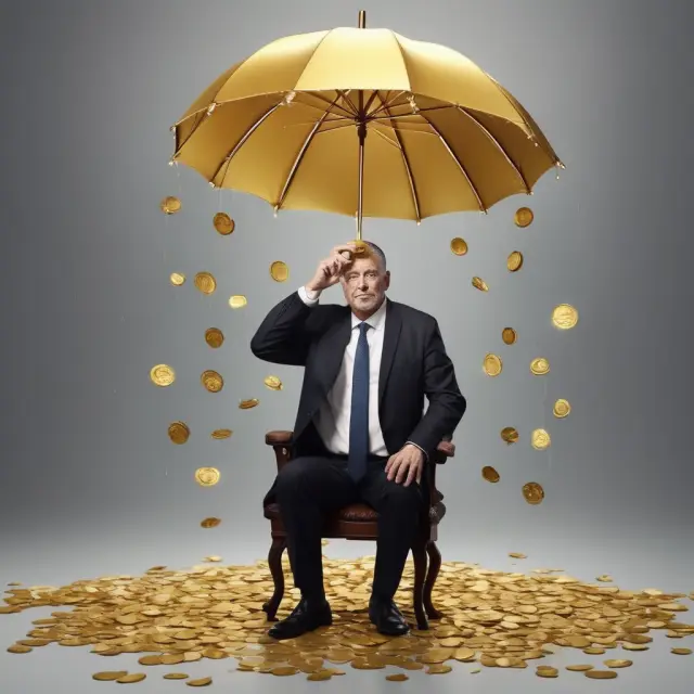 Man pouring gold coins from an umbrella, representing wealth distribution and economic policy.