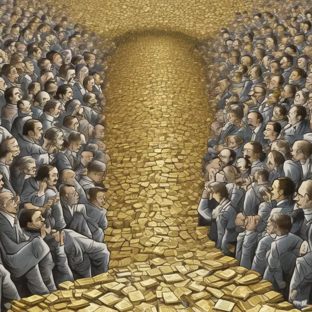 An image of a wealthy man with a golden hoard contrasted by a breadline, symbolizing the controversy between trickle-down and Keynesian economic theories