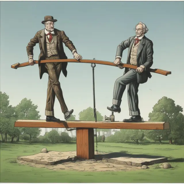 Two economists discussing the effectiveness of trickle-down economics on a seesaw. One holds wealth and corporate taxes while the other holds income inequality and consumer spending.