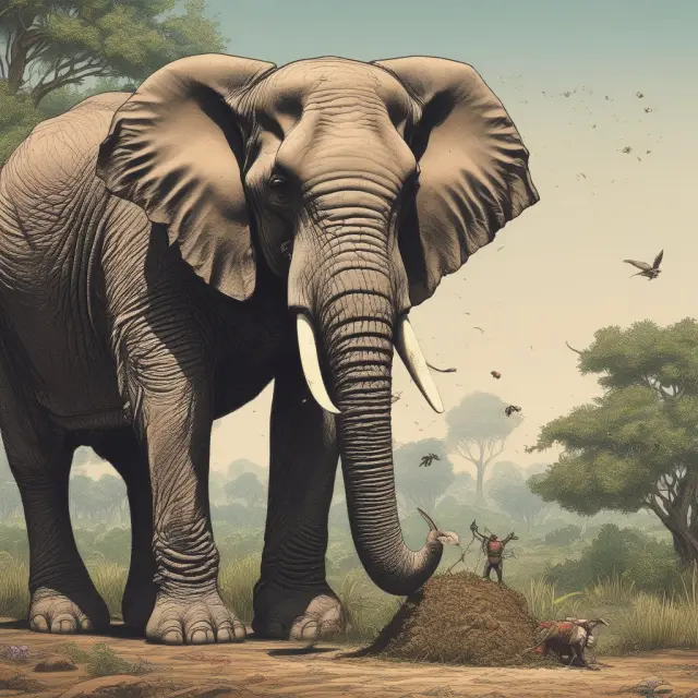 An wealthy elephant feeding an ant hill represents the controversial economic theory of trickle-down economics