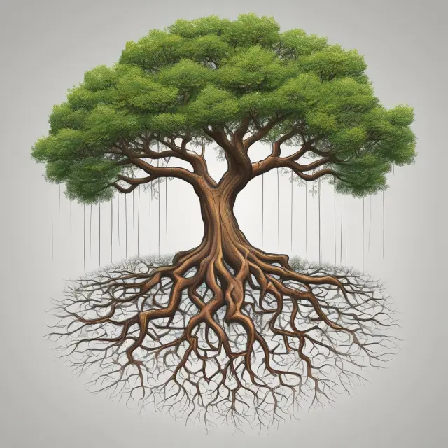 A wealth tree symbolizing Trickle-Down Economics, with high-income individuals as roots absorbing resources and society