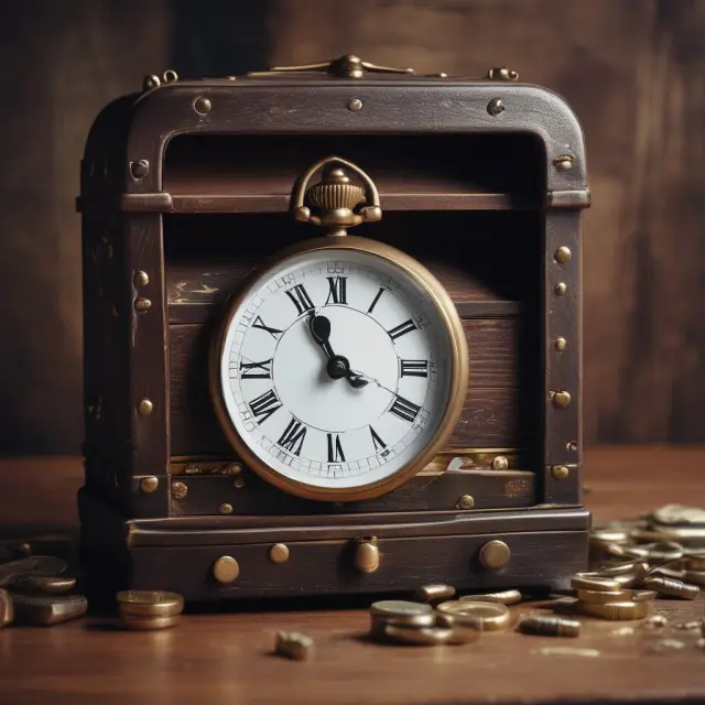 Image of a grandfather clock striking 65, revealing a treasure chest filled with various insurance policies