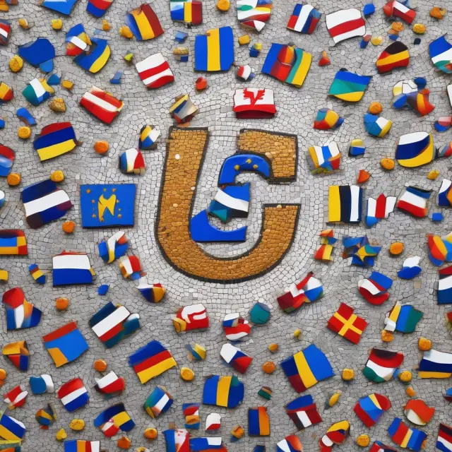Mosaic of European flags blending into a single Euro coin, symbolizing the closely interconnected economies within the eurozone