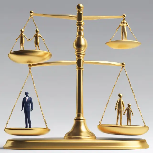 Golden scales with three weights: people, profit, and planet maintaining equilibrium.