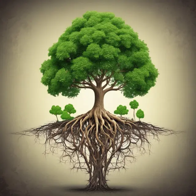 A lush tree with three intertwined roots symbolizing the triple bottom line approach: People, Planet, and Profit