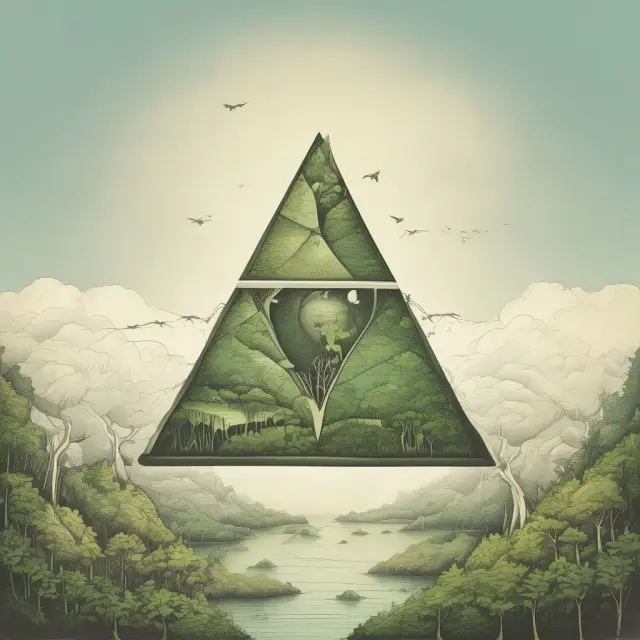 A balanced triangle symbolizing the triple bottom line, with interconnected components for profit, people, and planet