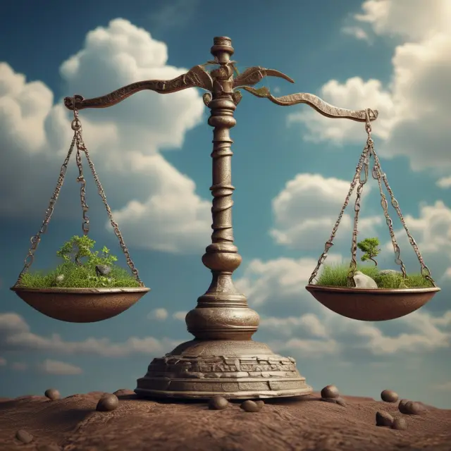 A golden scale balances interconnected elements: profit represented by coins, people symbolized by human figures, and the environment shown as a lush landscape.