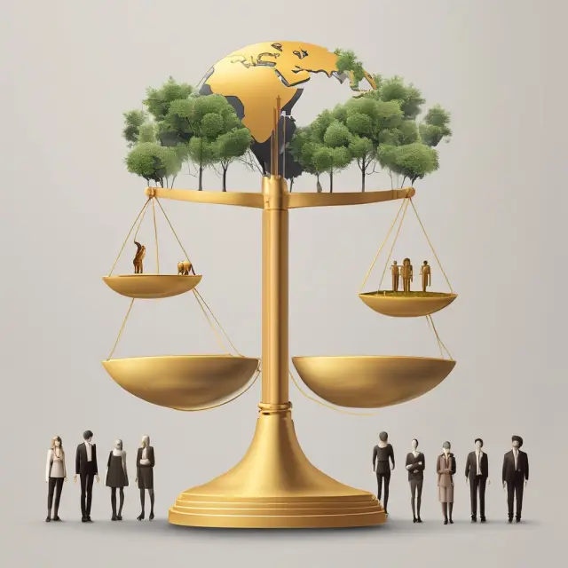 A golden balance scale with social (people), environmental (planet), and financial (profit) elements maintaining equilibrium in Triple Bottom Line reporting.