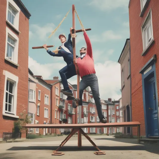 A landlord balancing tenants and vacancies on a seesaw in a triple net lease scenario, representing the challenges faced in managing NNN agreements