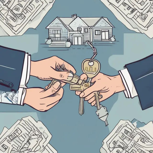 A metaphorical image of tenant and landlord transferring keys amidst visual representations of real estate taxes, building insurance, and maintenance costs.