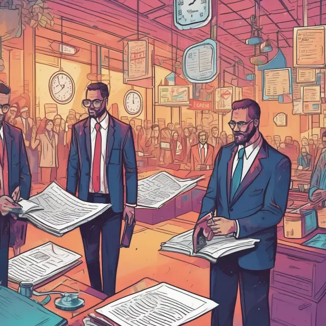 An investor examines potential triple net lease investments in a bustling market, balancing risks and opportunities using a magnifying glass and scales