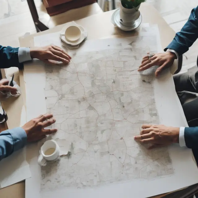 Two parties engaging in productive discussions over a map to negotiate the terms of a Triple Net Lease agreement