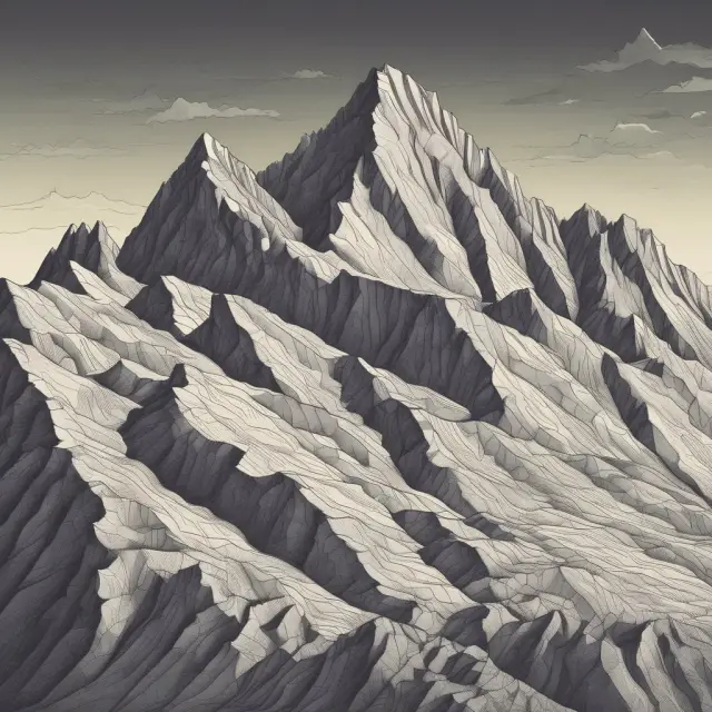 A metaphorical representation of the triple top pattern in finance, symbolizing three peaks of resistance resembling an ominous mountain with a looming bearish reversal below.