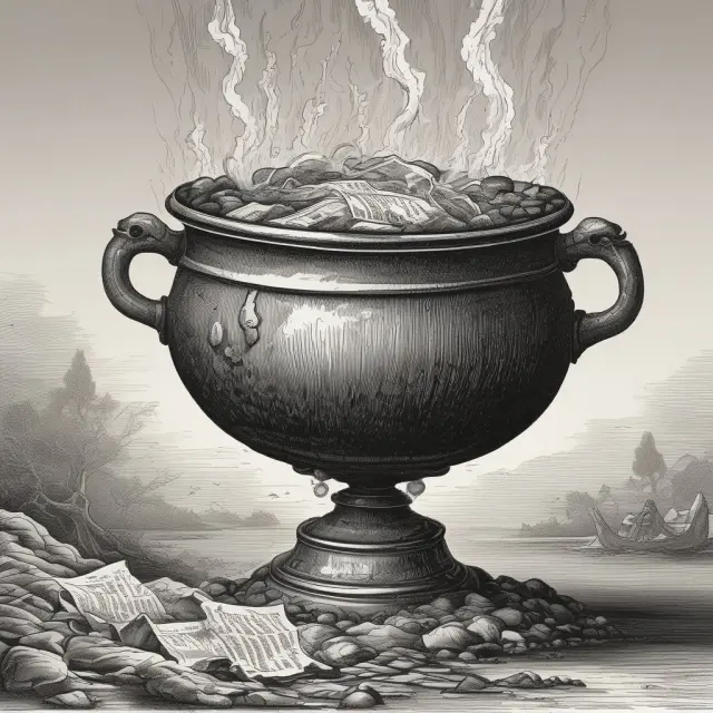 A large cauldron overflowing with swirling contracts represents the significance of triple witching in derivatives.