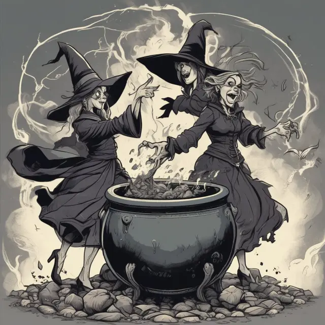 Witches symbolizing stock markets brewing in a caldron, depicting the intensity and chaos of triple witching