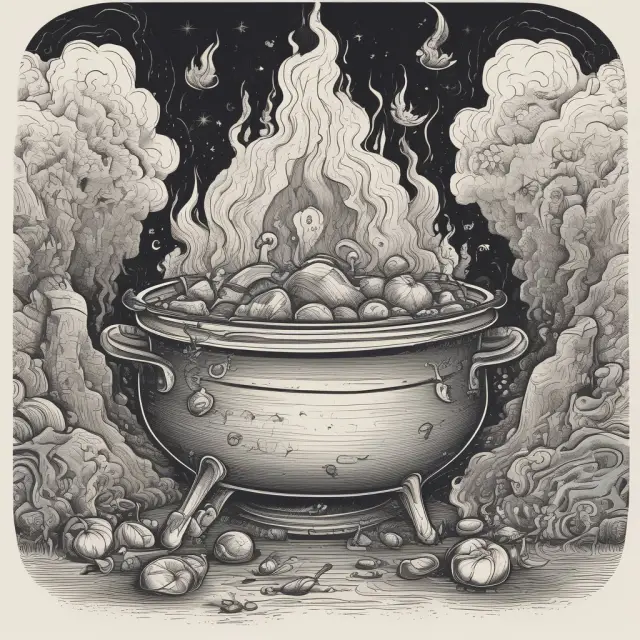 Cauldron representing market sentiment during triple witching, filled with financial symbols and swirling activity.