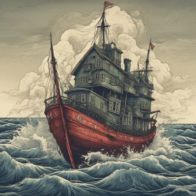 Image of financial institutions on a sinking ship, surrounded by turbulent waves representing toxic assets during the 2008 financial crisis