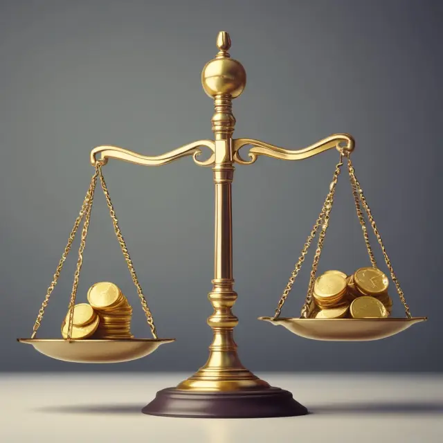 An executive balancing scales, weighed down by gold coins representing TARP funds, ensuring fairness.