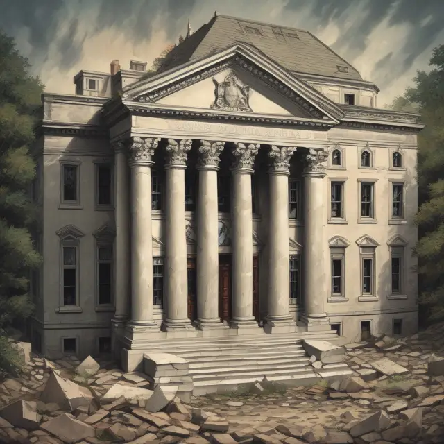 A mosaic of four cornerstone government entities (Fannie Mae, Freddie Mac, Lehman Brothers, US Treasury) holding the pieces of a crumbling financial system together