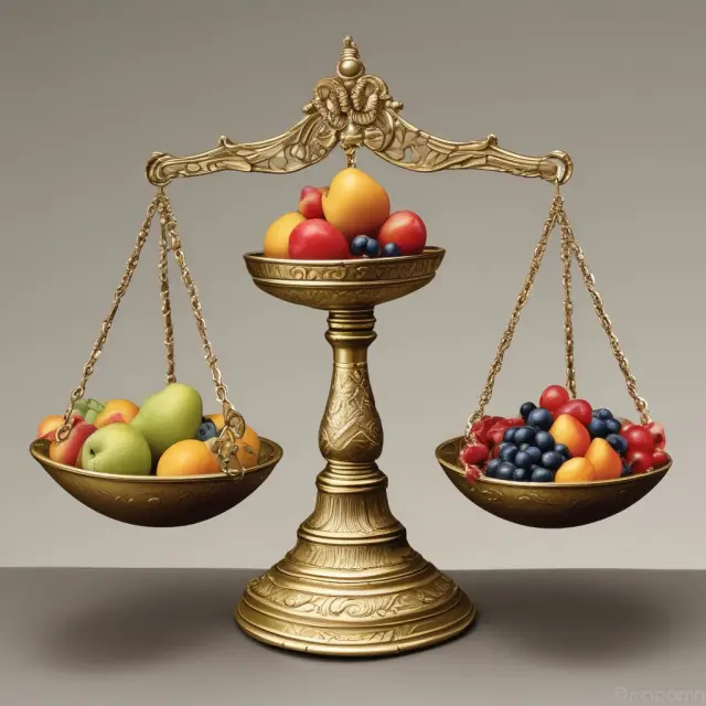 Golden troy ounce scale balances precious metals against an avoirdupois basket filled with fruits, symbolizing their distinct uses in industry and commerce