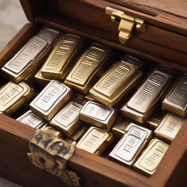 Image of a large, ornate treasure chest filled with golden and silver bars, with each piece labeled in troy ounces